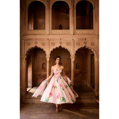 Saanjh by Lea Ziya Pink Floral Printed Corset Anarkali Kurta with Churidar Pant and Dupatta