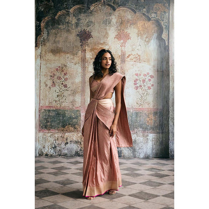 Saanjh by Lea Womens Woven Pink Pre-Draped Saree with Stitched Blouse