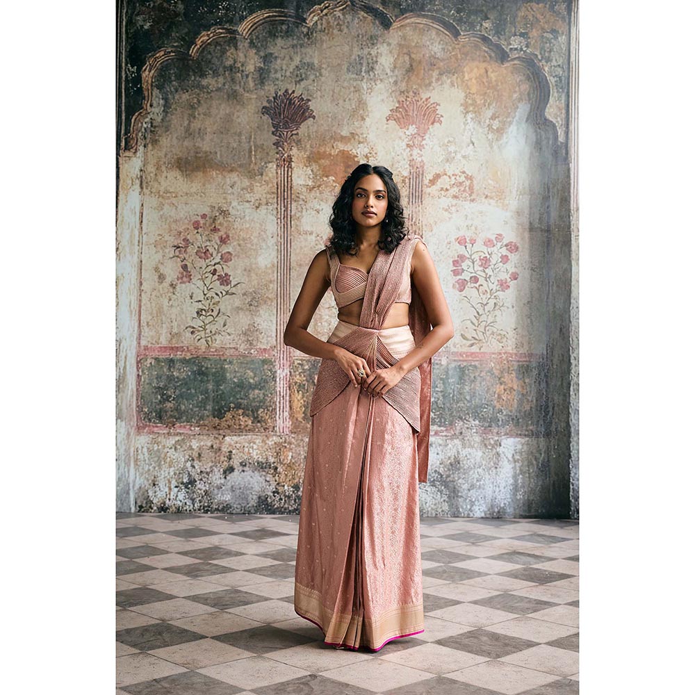 Saanjh by Lea Womens Woven Pink Pre-Draped Saree with Stitched Blouse