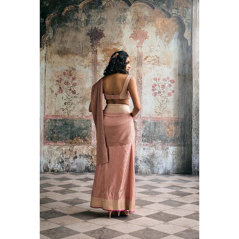 Saanjh by Lea Womens Woven Pink Pre-Draped Saree with Stitched Blouse