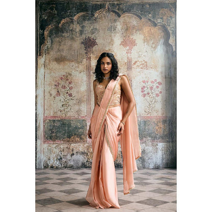 Saanjh by Lea Womens Woven Peach Pre-Draped Saree with Stitched Blouse