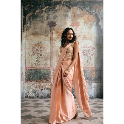 Saanjh by Lea Womens Woven Peach Pre-Draped Saree with Stitched Blouse