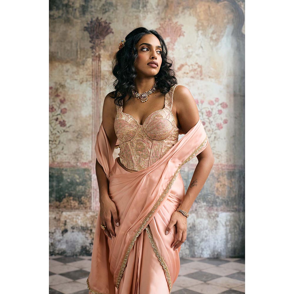 Saanjh by Lea Womens Woven Peach Pre-Draped Saree with Stitched Blouse