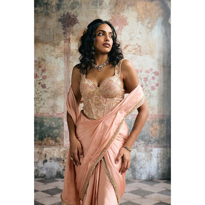 Saanjh by Lea Womens Woven Peach Pre-Draped Saree with Stitched Blouse
