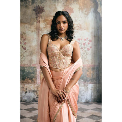 Saanjh by Lea Womens Woven Peach Pre-Draped Saree with Stitched Blouse