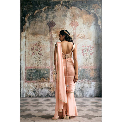Saanjh by Lea Womens Woven Peach Pre-Draped Saree with Stitched Blouse
