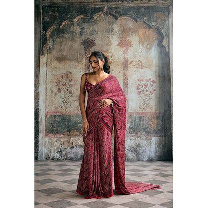 Saanjh by Lea Womens Printed Maroon Pre-Draped Saree with Stitched Blouse