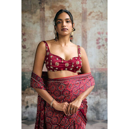 Saanjh by Lea Womens Printed Maroon Pre-Draped Saree with Stitched Blouse