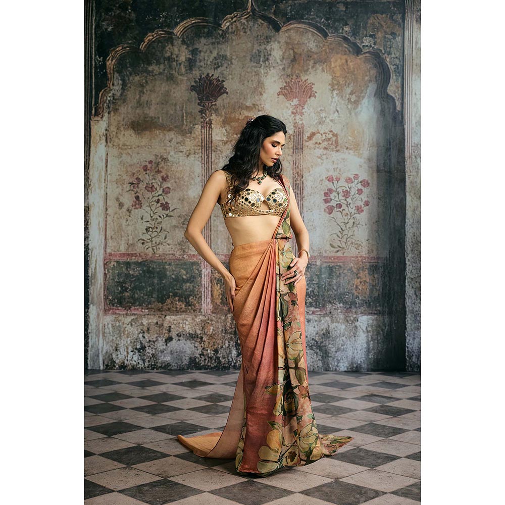 Saanjh by Lea Womens Printed Multi-Color Pre-Draped Saree with Stitched Blouse