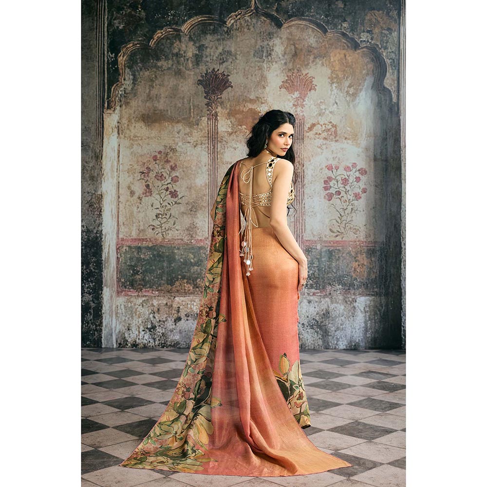 Saanjh by Lea Womens Printed Multi-Color Pre-Draped Saree with Stitched Blouse