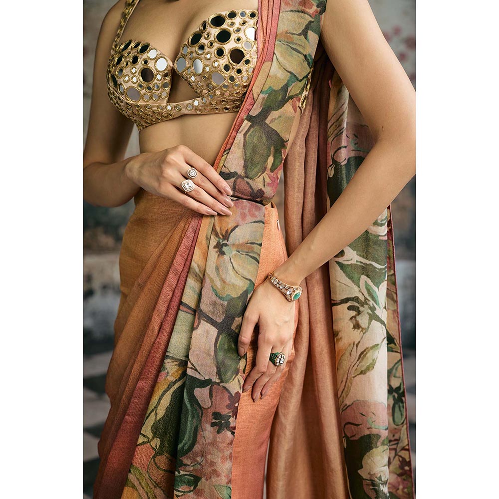 Saanjh by Lea Womens Printed Multi-Color Pre-Draped Saree with Stitched Blouse