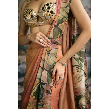 Saanjh by Lea Womens Printed Multi-Color Pre-Draped Saree with Stitched Blouse