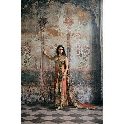 Saanjh by Lea Womens Printed Multi-Color Pre-Draped Saree with Stitched Blouse