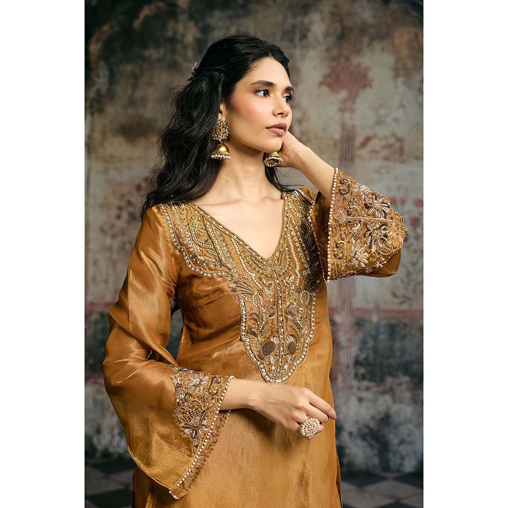 Saanjh by Lea Saima Gold Embroidered Kurta With Pant And Dupatta