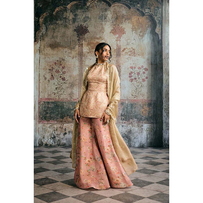 Saanjh by Lea Aleena Peach Banarasi Floral Top With Palazzo And Dupatta