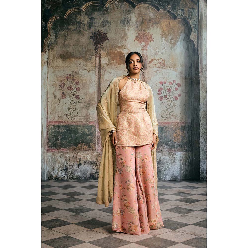 Saanjh by Lea Aleena Peach Banarasi Floral Top With Palazzo And Dupatta