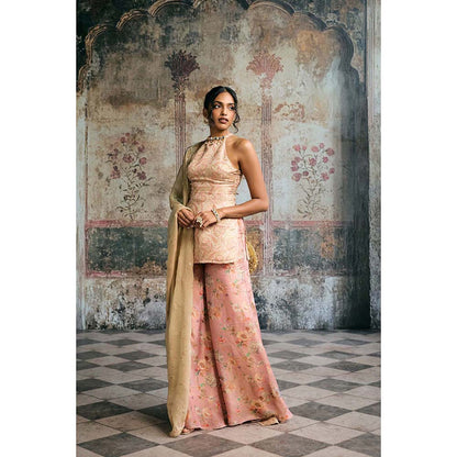Saanjh by Lea Aleena Peach Banarasi Floral Top With Palazzo And Dupatta