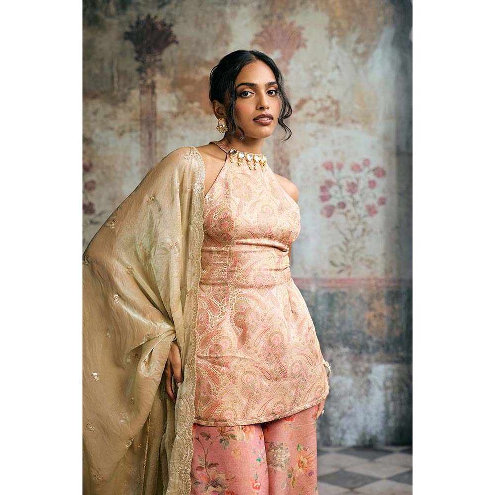Saanjh by Lea Aleena Peach Banarasi Floral Top With Palazzo And Dupatta