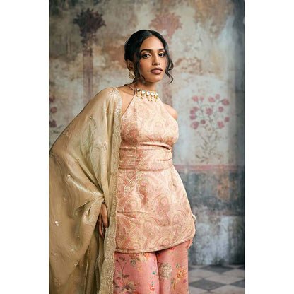 Saanjh by Lea Aleena Peach Banarasi Floral Top With Palazzo And Dupatta