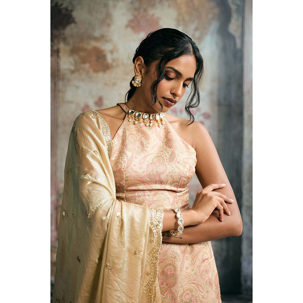 Saanjh by Lea Aleena Peach Banarasi Floral Top With Palazzo And Dupatta