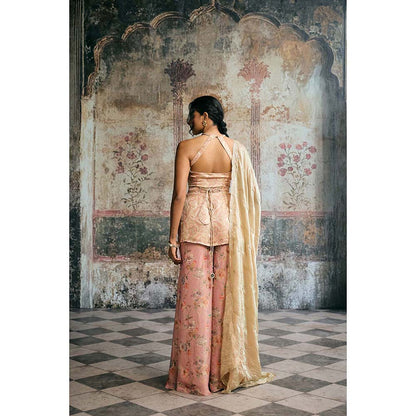 Saanjh by Lea Aleena Peach Banarasi Floral Top With Palazzo And Dupatta