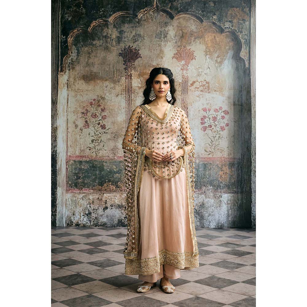 Saanjh by Lea Beige Ayinaat Raw Silk Anarkali With Pant And Dupatta