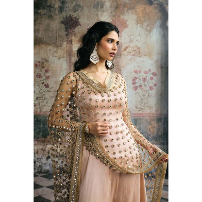 Saanjh by Lea Beige Ayinaat Raw Silk Anarkali With Pant And Dupatta