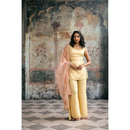 Saanjh by Lea Farya Butter Yellow Hand-Embroidered Kurti With Pant And Dupatta