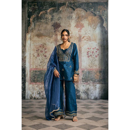 Saanjh by Lea Ambar Blue Hand-Embroidered Silk Kurti With Palazzo And Dupatta