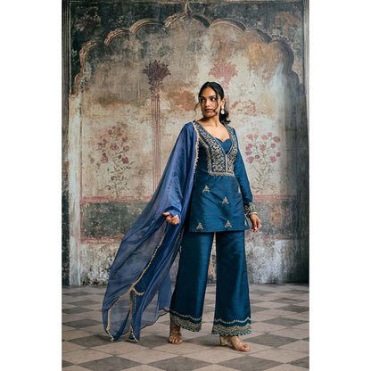 Saanjh by Lea Ambar Blue Hand-Embroidered Silk Kurti With Palazzo And Dupatta