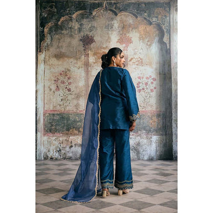 Saanjh by Lea Ambar Blue Hand-Embroidered Silk Kurti With Palazzo And Dupatta