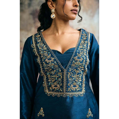 Saanjh by Lea Ambar Blue Hand-Embroidered Silk Kurti With Palazzo And Dupatta
