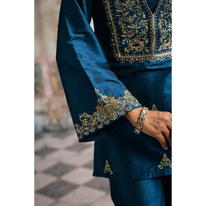 Saanjh by Lea Ambar Blue Hand-Embroidered Silk Kurti With Palazzo And Dupatta