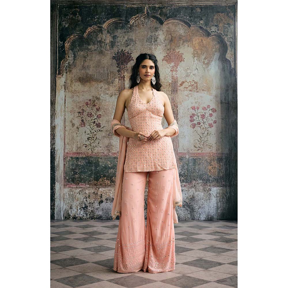 Saanjh by Lea Aneesa Peach Mirror-Embroidered Top With Palazzo And Dupatta