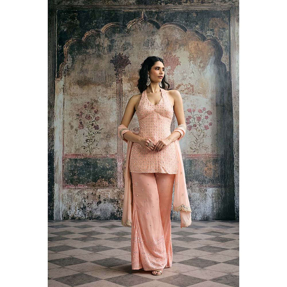Saanjh by Lea Aneesa Peach Mirror-Embroidered Top With Palazzo And Dupatta