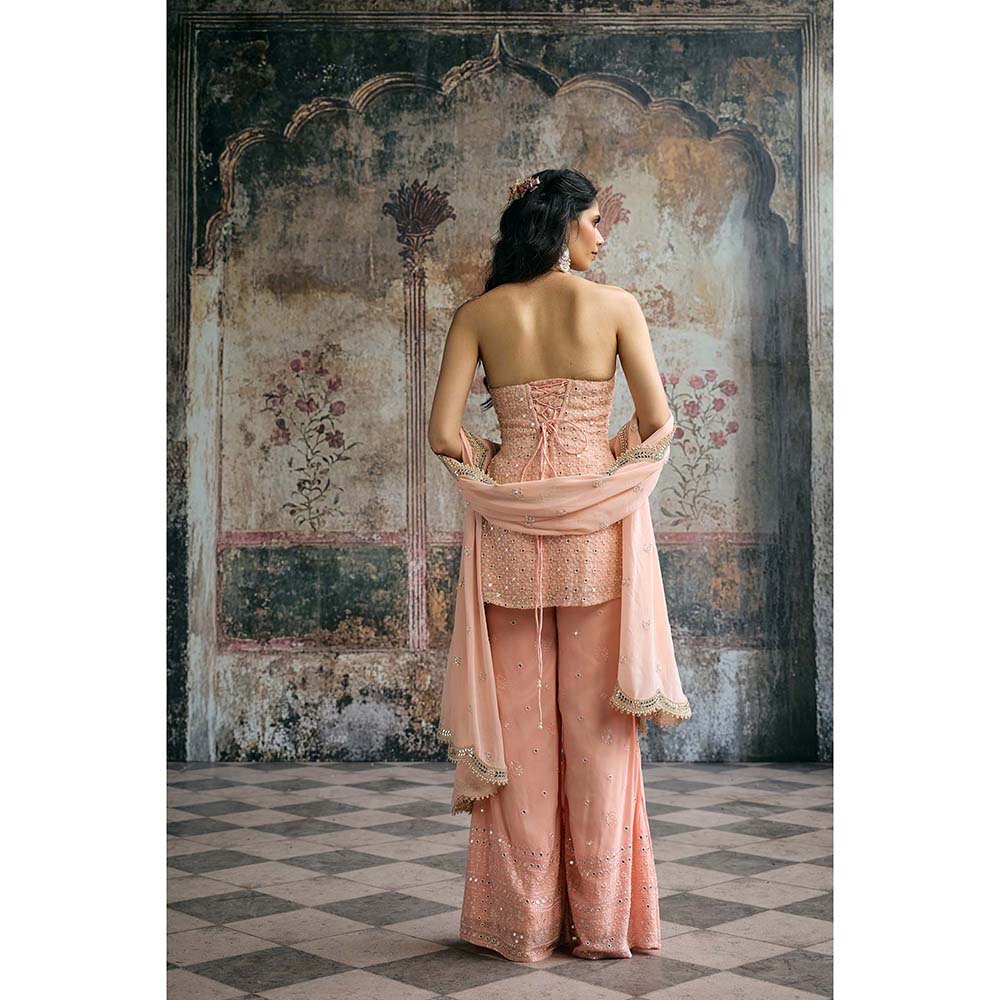Saanjh by Lea Aneesa Peach Mirror-Embroidered Top With Palazzo And Dupatta