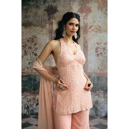 Saanjh by Lea Aneesa Peach Mirror-Embroidered Top With Palazzo And Dupatta