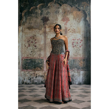 Saanjh by Lea Multi-Colour Rhea Ajrakh Hand Embroidered Corset Top With Sharara And Dupatta