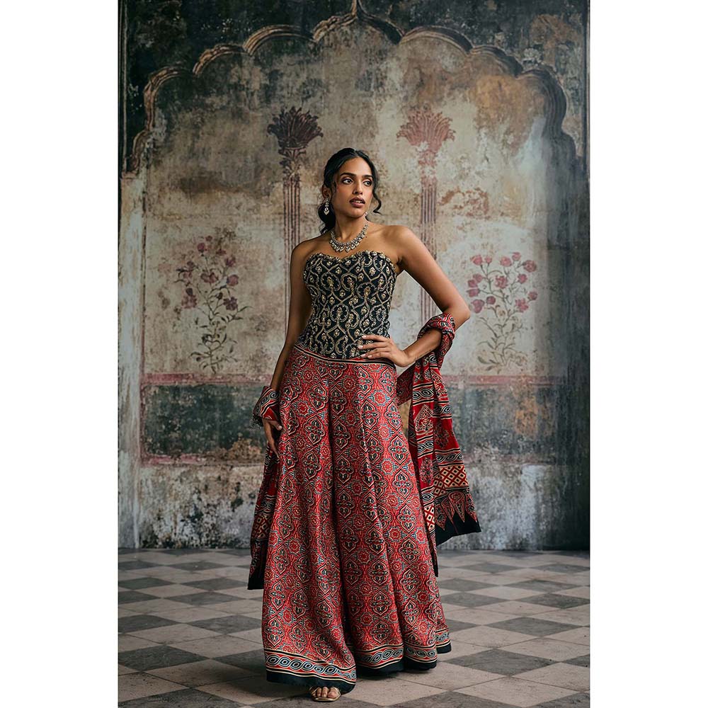 Saanjh by Lea Multi-Colour Rhea Ajrakh Hand Embroidered Corset Top With Sharara And Dupatta