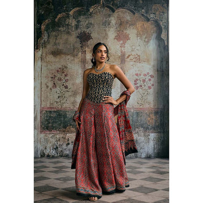 Saanjh by Lea Multi-Colour Rhea Ajrakh Hand Embroidered Corset Top With Sharara And Dupatta