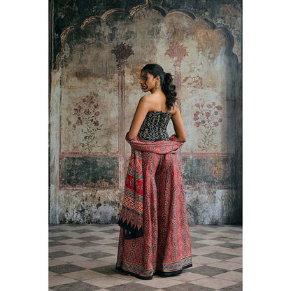 Saanjh by Lea Multi-Colour Rhea Ajrakh Hand Embroidered Corset Top With Sharara And Dupatta