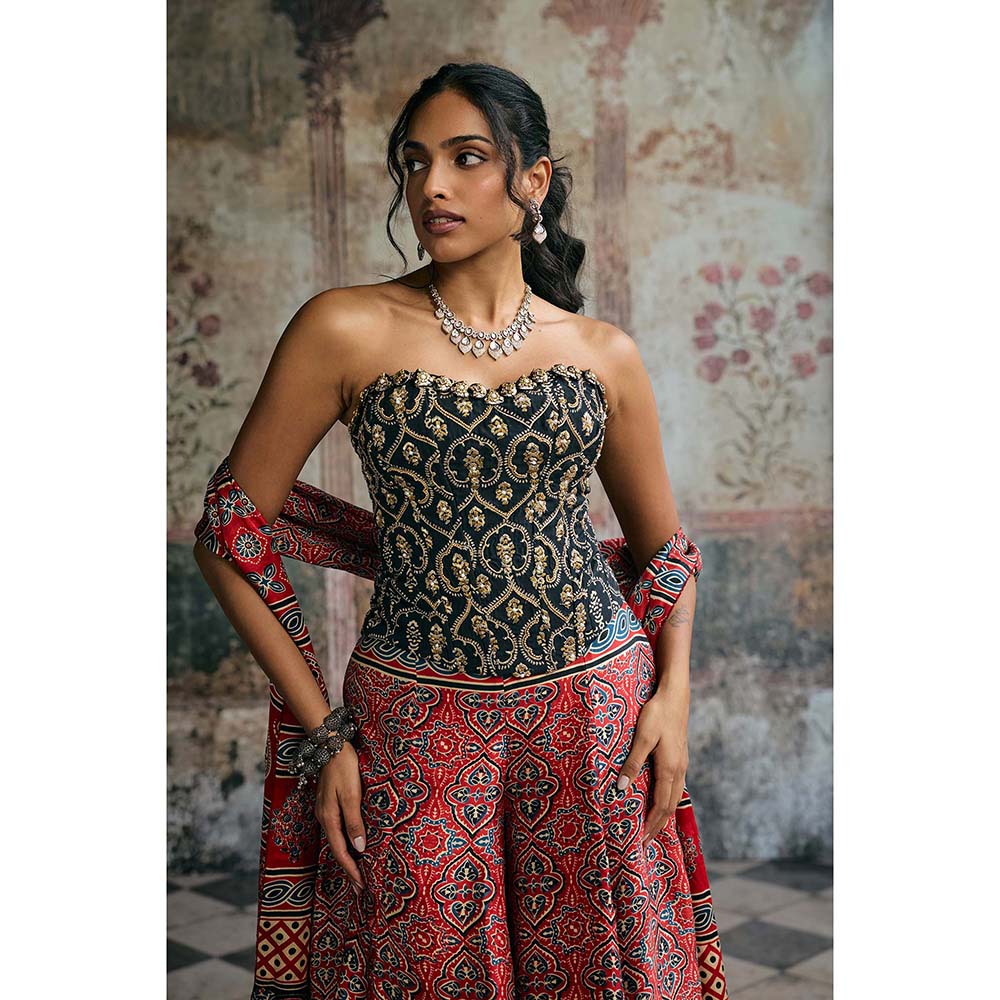 Saanjh by Lea Multi-Colour Rhea Ajrakh Hand Embroidered Corset Top With Sharara And Dupatta