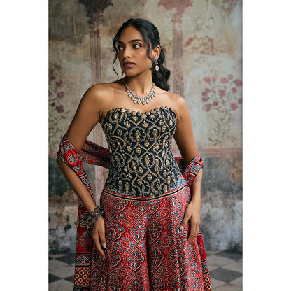 Saanjh by Lea Multi-Colour Rhea Ajrakh Hand Embroidered Corset Top With Sharara And Dupatta
