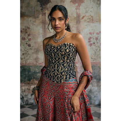 Saanjh by Lea Multi-Colour Rhea Ajrakh Hand Embroidered Corset Top With Sharara And Dupatta