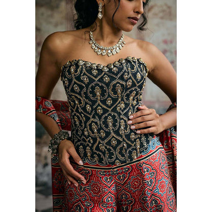 Saanjh by Lea Multi-Colour Rhea Ajrakh Hand Embroidered Corset Top With Sharara And Dupatta