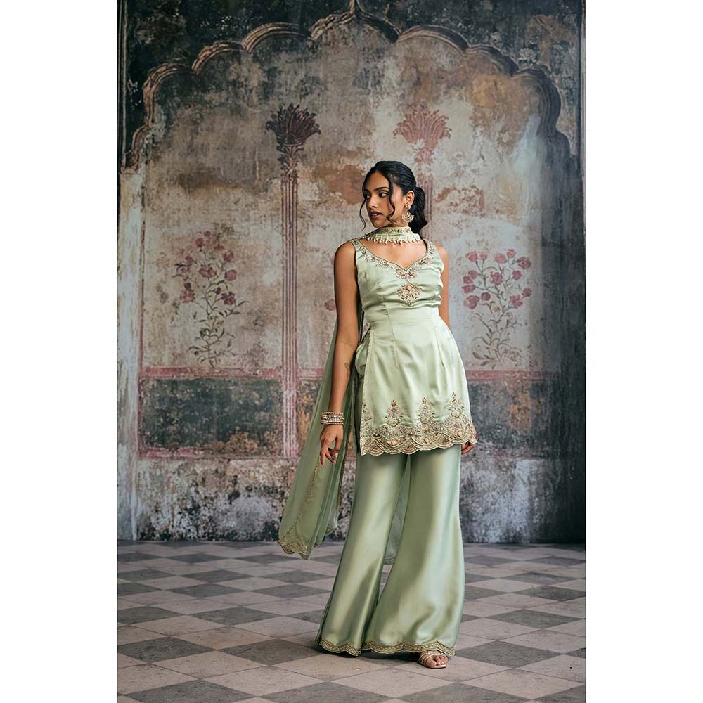 Saanjh by Lea Sameera Sage Green Hand Embroidered Sharara With Kurti And Dupatta