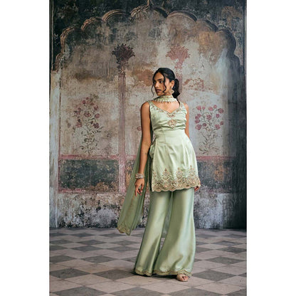 Saanjh by Lea Sameera Sage Green Hand Embroidered Sharara With Kurti And Dupatta