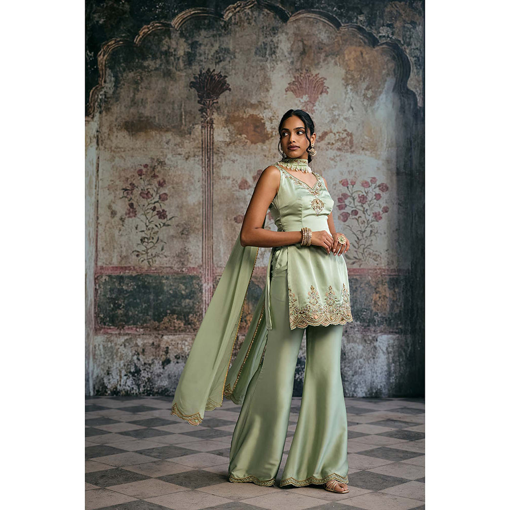Saanjh by Lea Sameera Sage Green Hand Embroidered Sharara With Kurti And Dupatta