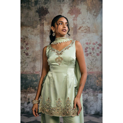 Saanjh by Lea Sameera Sage Green Hand Embroidered Sharara With Kurti And Dupatta