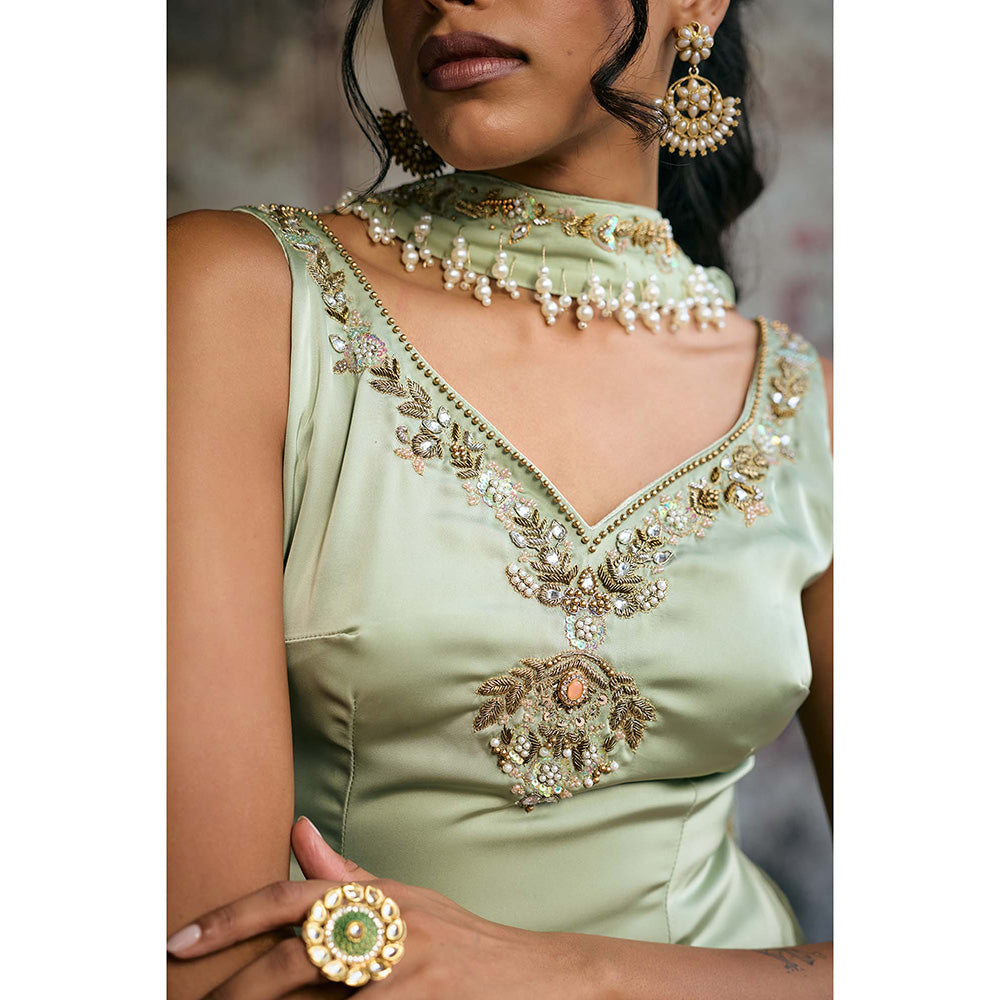 Saanjh by Lea Sameera Sage Green Hand Embroidered Sharara With Kurti And Dupatta